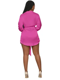 Long Sleeve Lapel V Neck Button Ruched Mini Shirt Dress