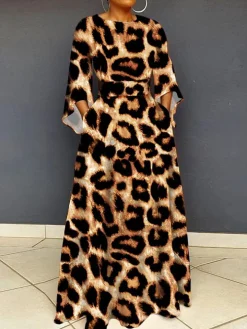 Long Sleeve Leopard Bodycon Maxi Dress