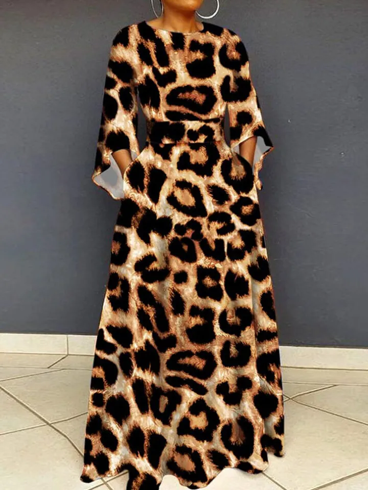 Long Sleeve Leopard Bodycon Maxi Dress