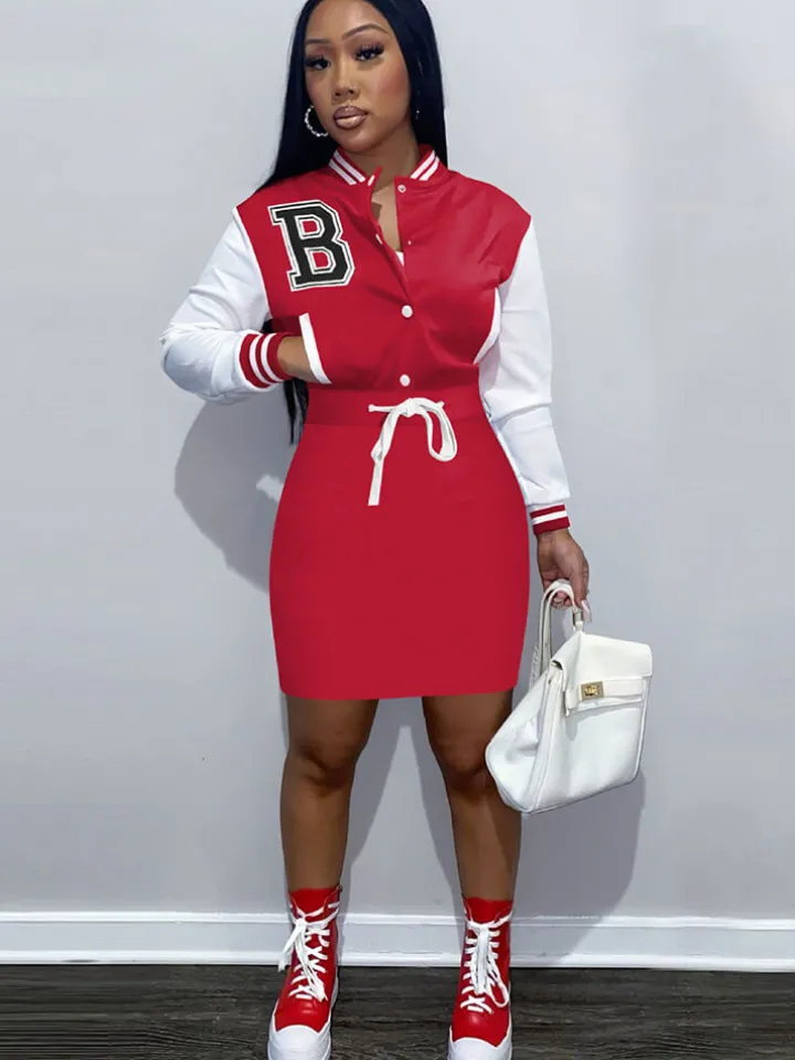 Long Sleeve Letter Print Baseball Mini Dress
