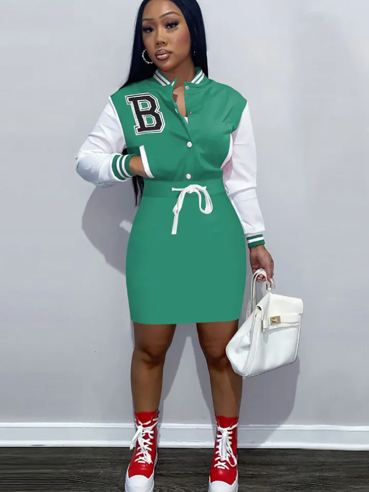 Long Sleeve Letter Print Baseball Mini Dress