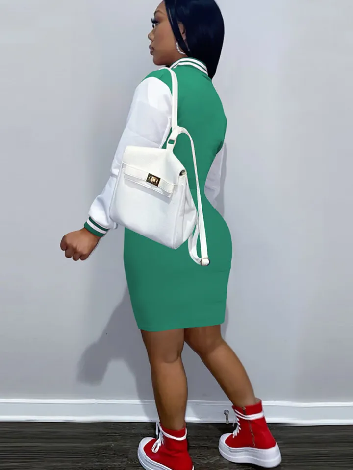 Long Sleeve Letter Print Baseball Mini Dress