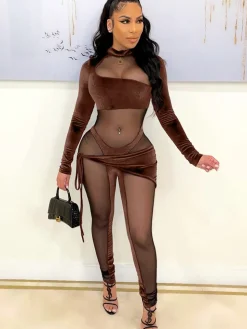 Long Sleeve Mesh Patchwork Jumpsuit