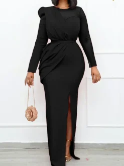 Long Sleeve Mesh Patchwork Split Maxi Dress