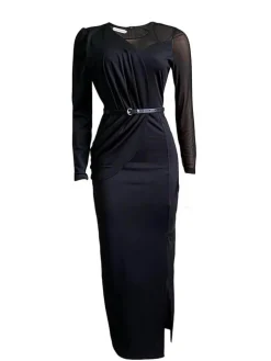 Long Sleeve Mesh Patchwork Split Maxi Dress
