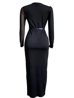 Long Sleeve Mesh Patchwork Split Maxi Dress