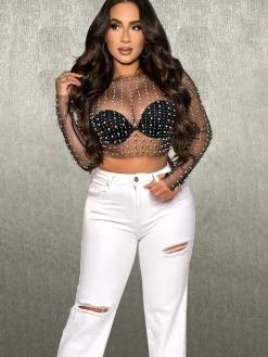 Long Sleeve Mesh Rhinestone Crop Top