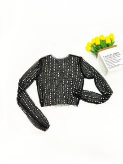 Long Sleeve Mesh Rhinestone Crop Top