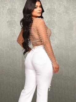 Long Sleeve Mesh Rhinestone Crop Top