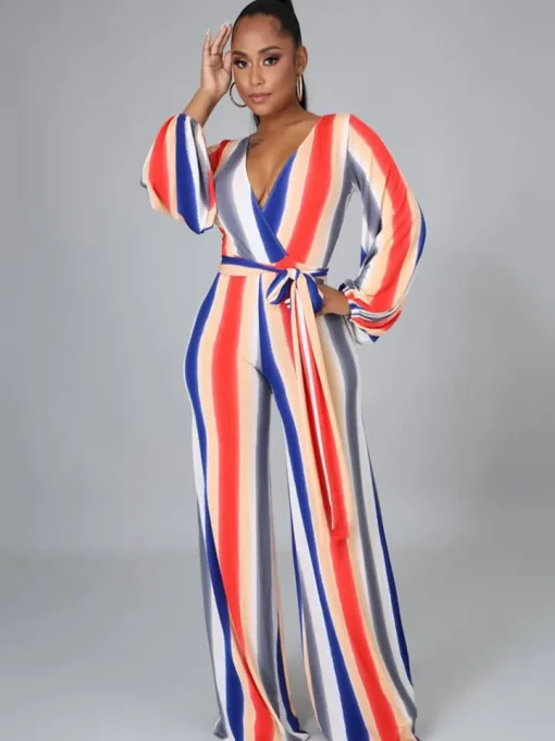 Long Sleeve Multicolor Stripe Wide Leg Jumpsuit with Belt