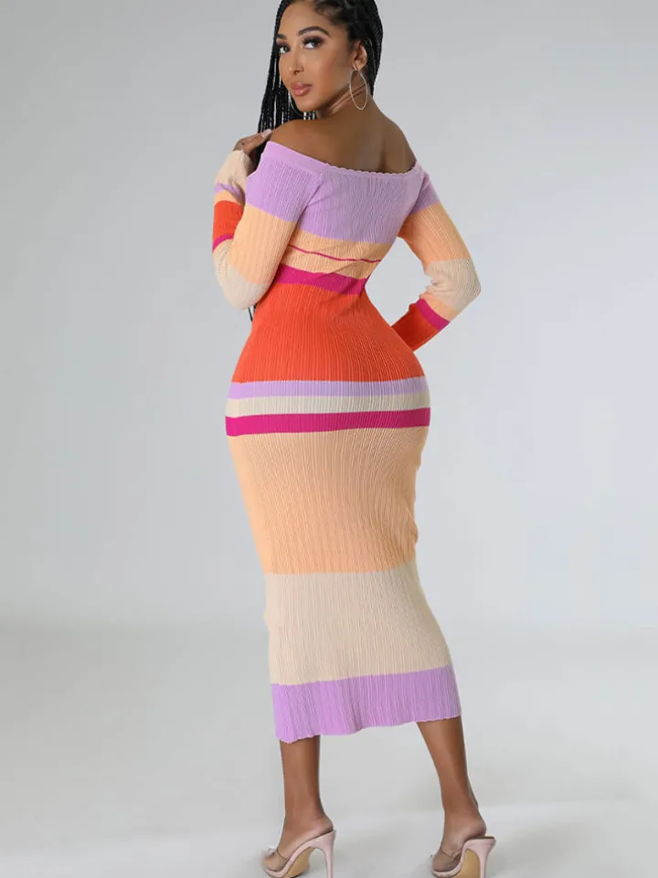 Long Sleeve Off Shoulder Color Block Midi Dress