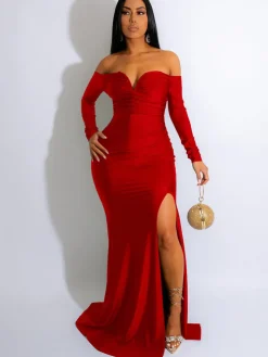 Long Sleeve Off Shoulder Ruched Maxi Dress