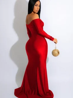 Long Sleeve Off Shoulder Ruched Maxi Dress