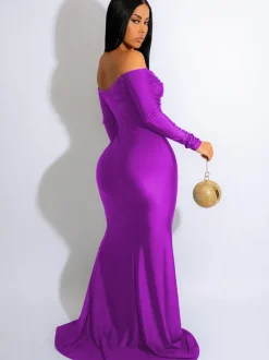 Long Sleeve Off Shoulder Ruched Maxi Dress