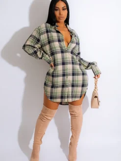 Long Sleeve Plaid Print Mini Dress Blouse