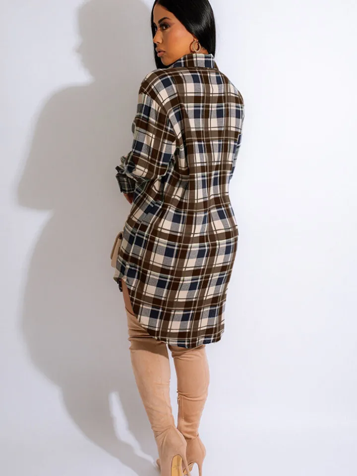 Long Sleeve Plaid Print Mini Dress Blouse