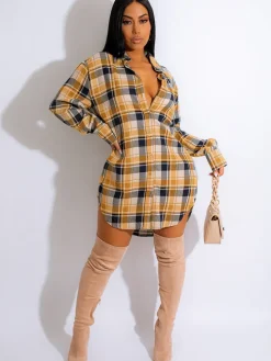 Long Sleeve Plaid Print Mini Dress Blouse