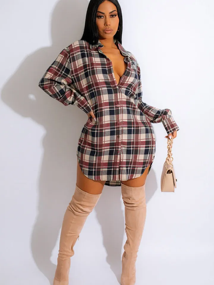 Long Sleeve Plaid Print Mini Dress Blouse