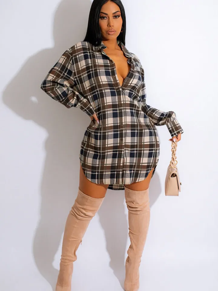 Long Sleeve Plaid Print Mini Dress Blouse