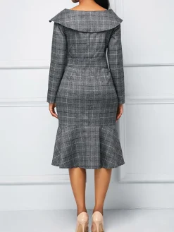 Long Sleeve Plaid Print Midi Dress