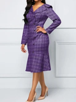 Long Sleeve Plaid Print Midi Dress