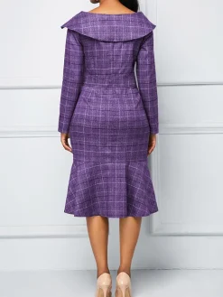Long Sleeve Plaid Print Midi Dress