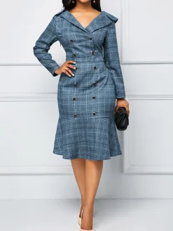 Long Sleeve Plaid Print Midi Dress