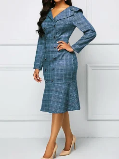 Long Sleeve Plaid Print Midi Dress