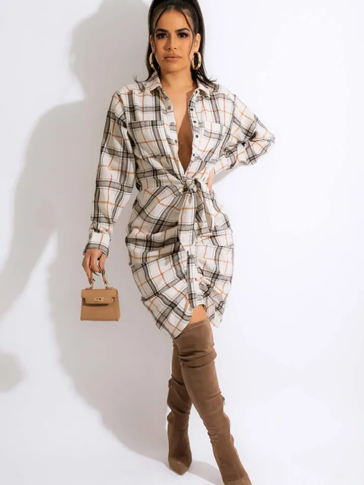 Long Sleeve Plaid Print Ruched Midi Dress