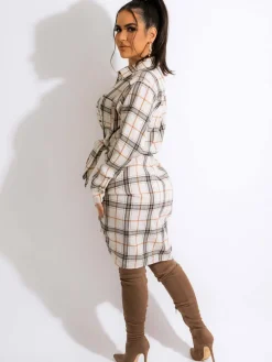 Long Sleeve Plaid Print Ruched Midi Dress