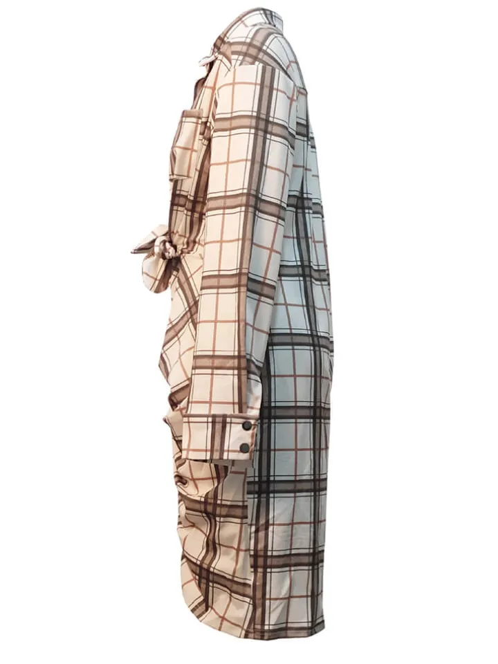 Long Sleeve Plaid Print Ruched Midi Dress
