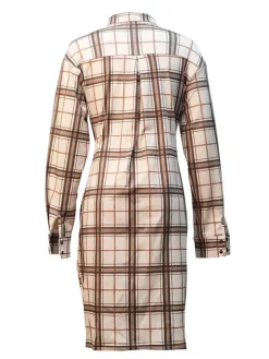 Long Sleeve Plaid Print Ruched Midi Dress