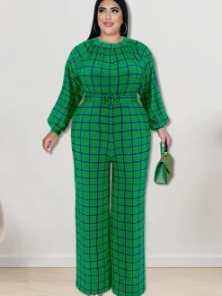 Long Sleeve Plaid Print Wide Leg Jumpsuit
