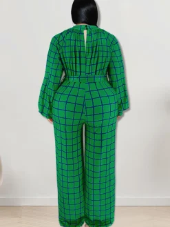 Long Sleeve Plaid Print Wide Leg Jumpsuit