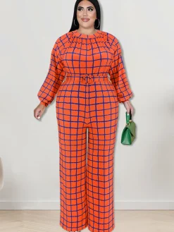 Long Sleeve Plaid Print Wide Leg Jumpsuit