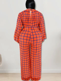 Long Sleeve Plaid Print Wide Leg Jumpsuit
