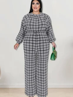 Long Sleeve Plaid Print Wide Leg Jumpsuit