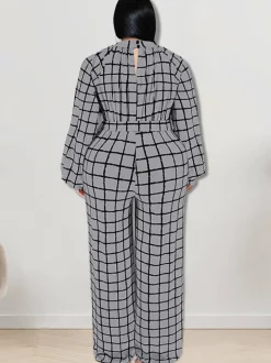 Long Sleeve Plaid Print Wide Leg Jumpsuit