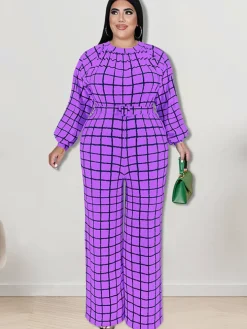 Long Sleeve Plaid Print Wide Leg Jumpsuit