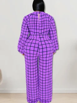 Long Sleeve Plaid Print Wide Leg Jumpsuit