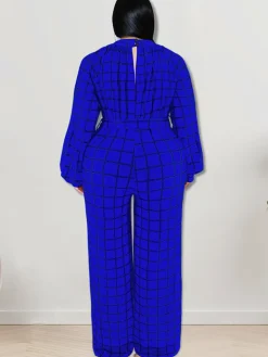 Long Sleeve Plaid Print Wide Leg Jumpsuit