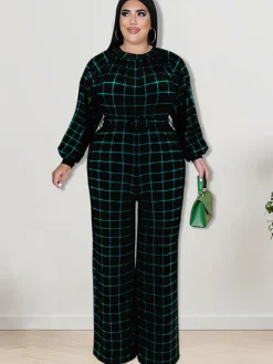 Long Sleeve Plaid Print Wide Leg Jumpsuit
