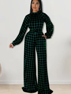 Long Sleeve Plaid Print Wide Leg Jumpsuit