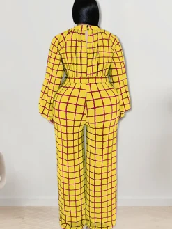 Long Sleeve Plaid Print Wide Leg Jumpsuit