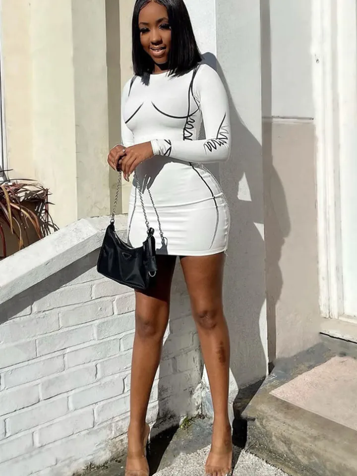 Long Sleeve Printed Bodycon Mini Dress