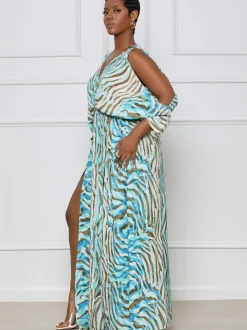 Long Sleeve Printed Off Shoulder Maxi Dress