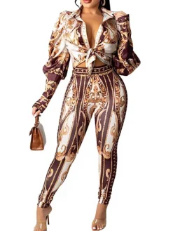 Long Sleeve Printed Top Bodycon Pants