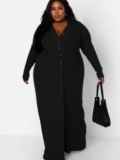 Long Sleeve Ribbed Solid Bodycon Maxi Dress