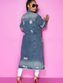 Long Sleeve Ripped Long Denim Jacket