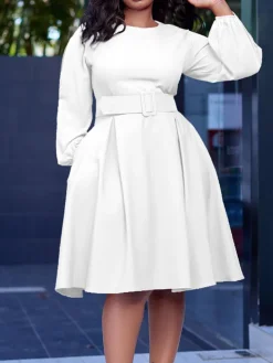 Long Sleeve Round Neck Ruched Midi Dress